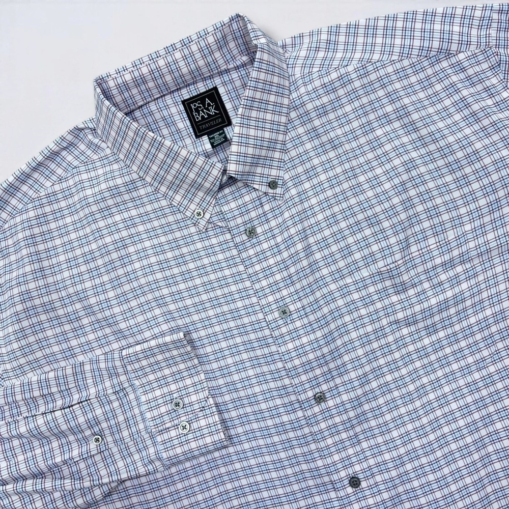 Jos A Bank Button Down Shirt Mens XXL Red White Blue Plaid Traveler Stretch